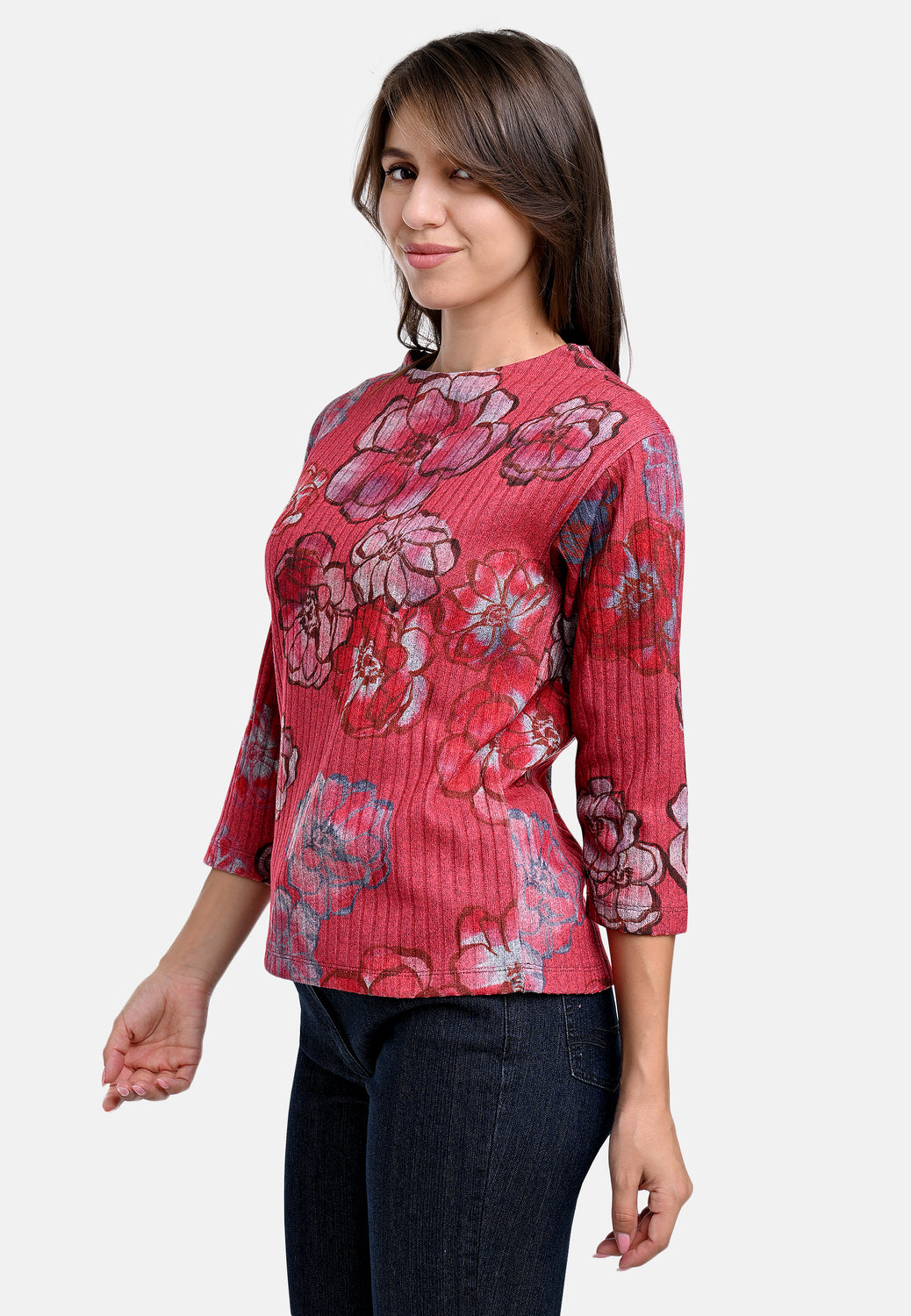 25617 Feinstrick-Shirt mit Blüten-Print in Rot