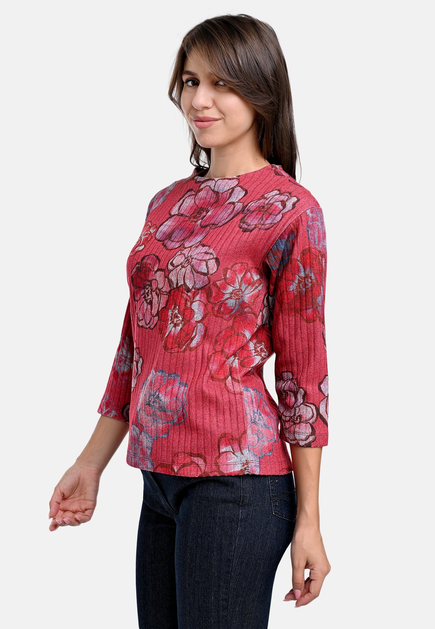 25617 Feinstrick-Shirt mit Blüten-Print in Rot