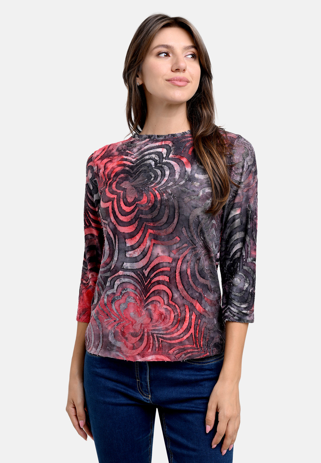 25618 Shirt mit Blütenmuster in Rot/Grau