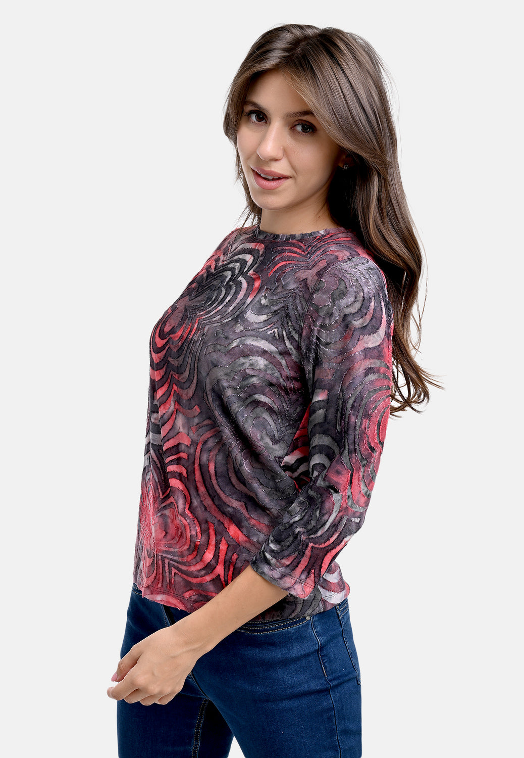 25618 Shirt mit Blütenmuster in Rot/Grau