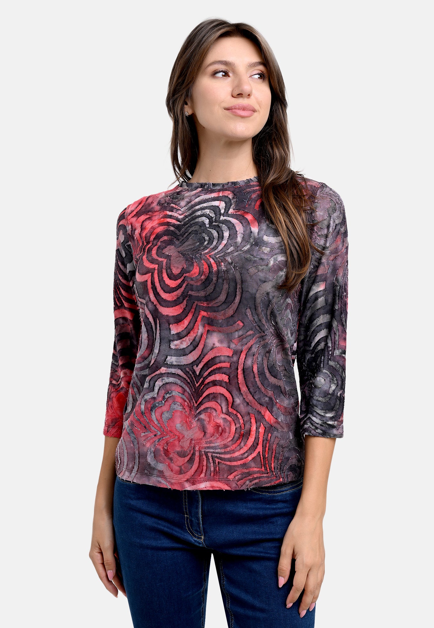 25618 Shirt mit Blütenmuster in Rot/Grau