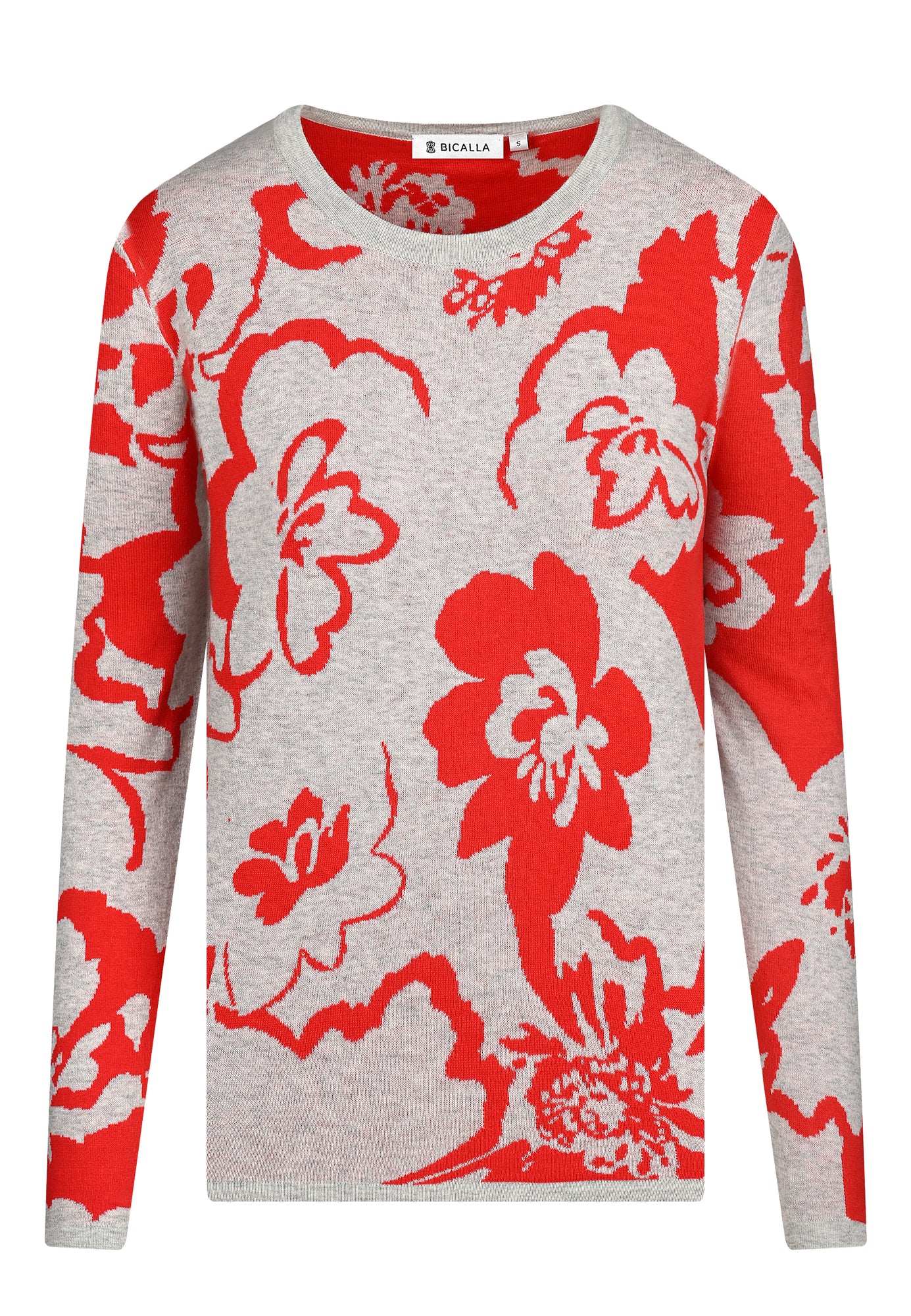 25619 Strickpullover mit Blütenmuster in Rot/Hellgrau