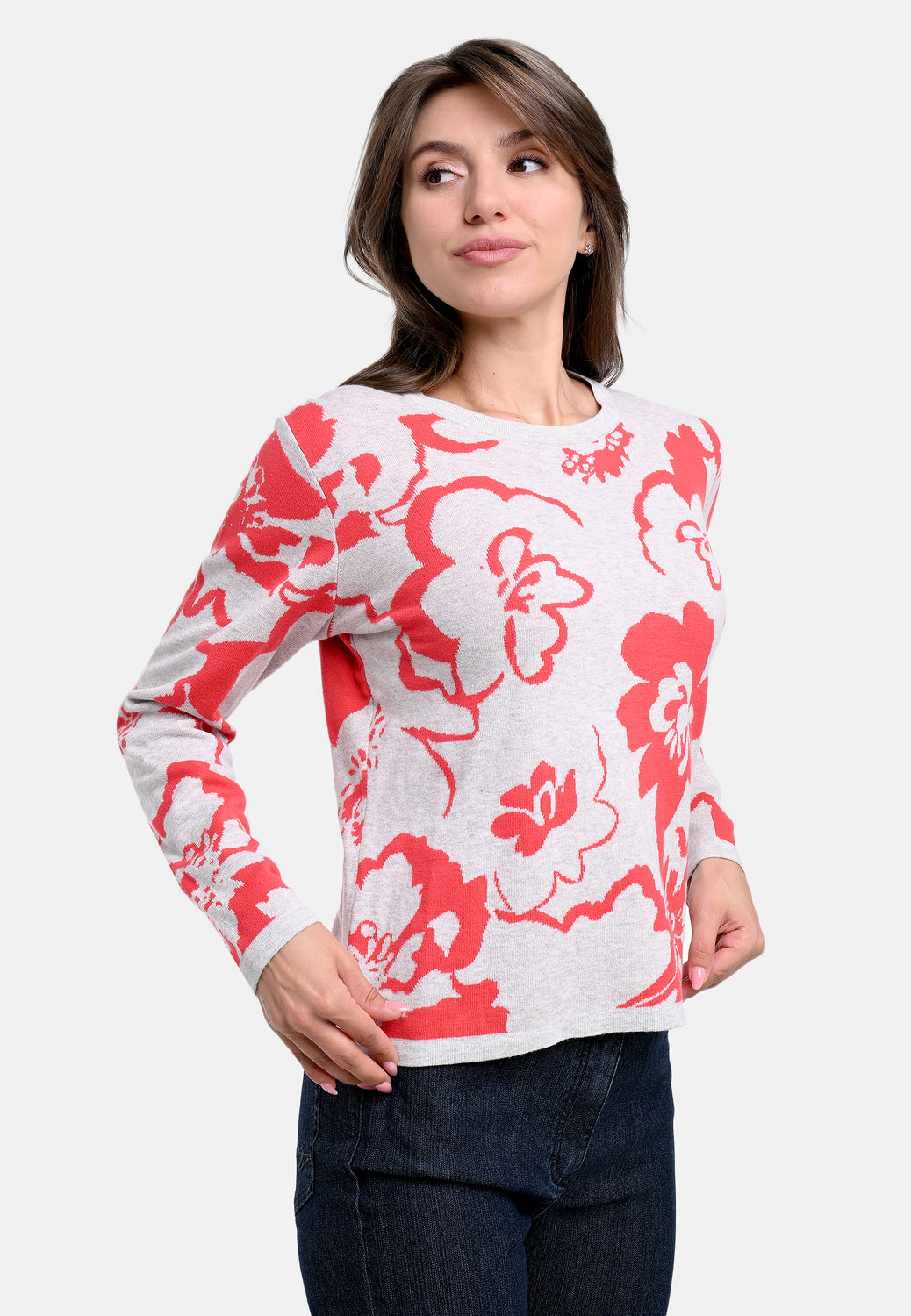 25619 Strickpullover mit Blütenmuster in Rot/Hellgrau