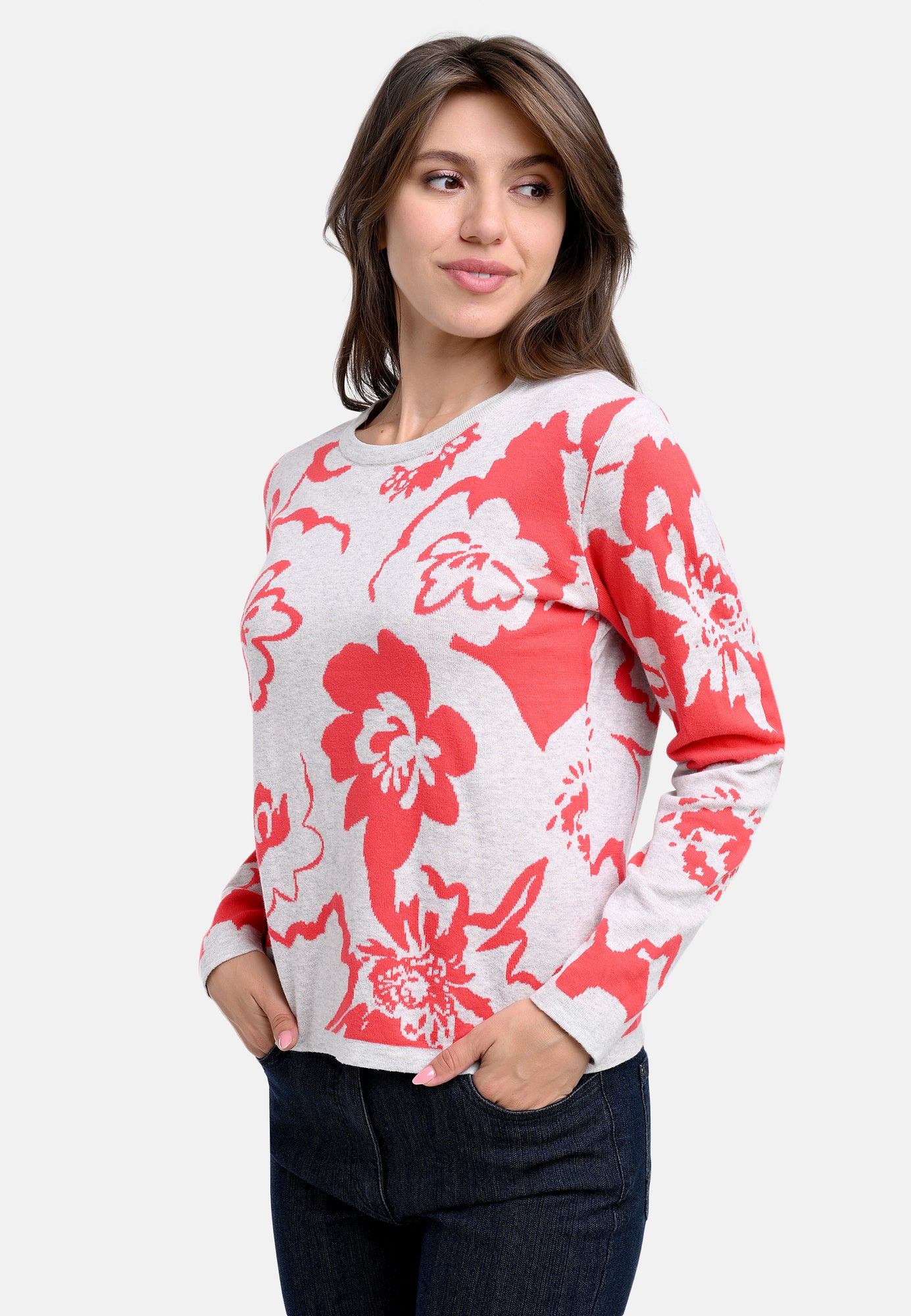 25619 Strickpullover mit Blütenmuster in Rot/Hellgrau