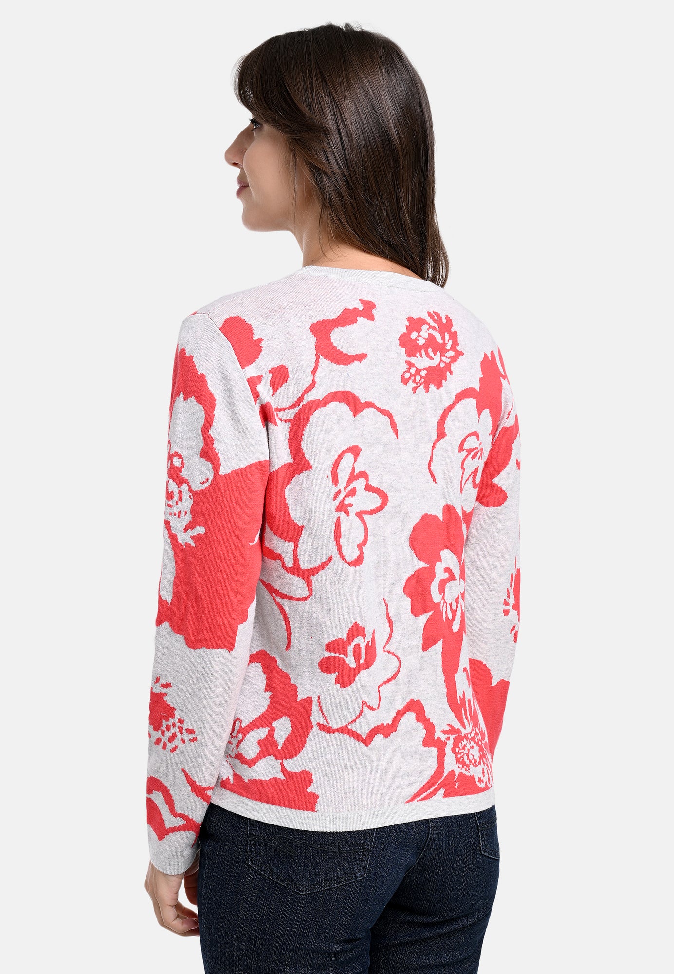 25619 Strickpullover mit Blütenmuster in Rot/Hellgrau