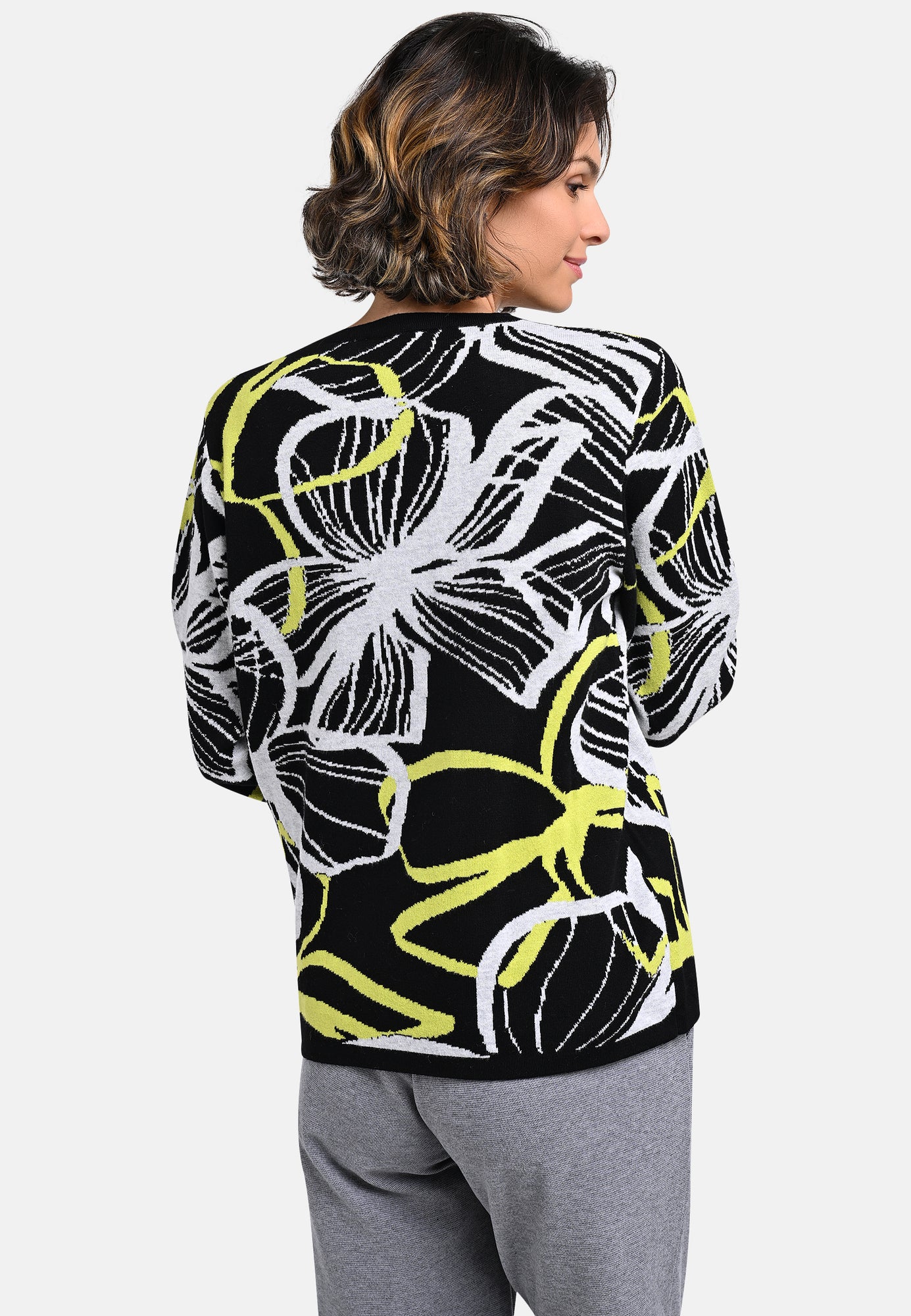 25712 Strickpullover mit Blütenmuster in Schwarz/Hellgrün