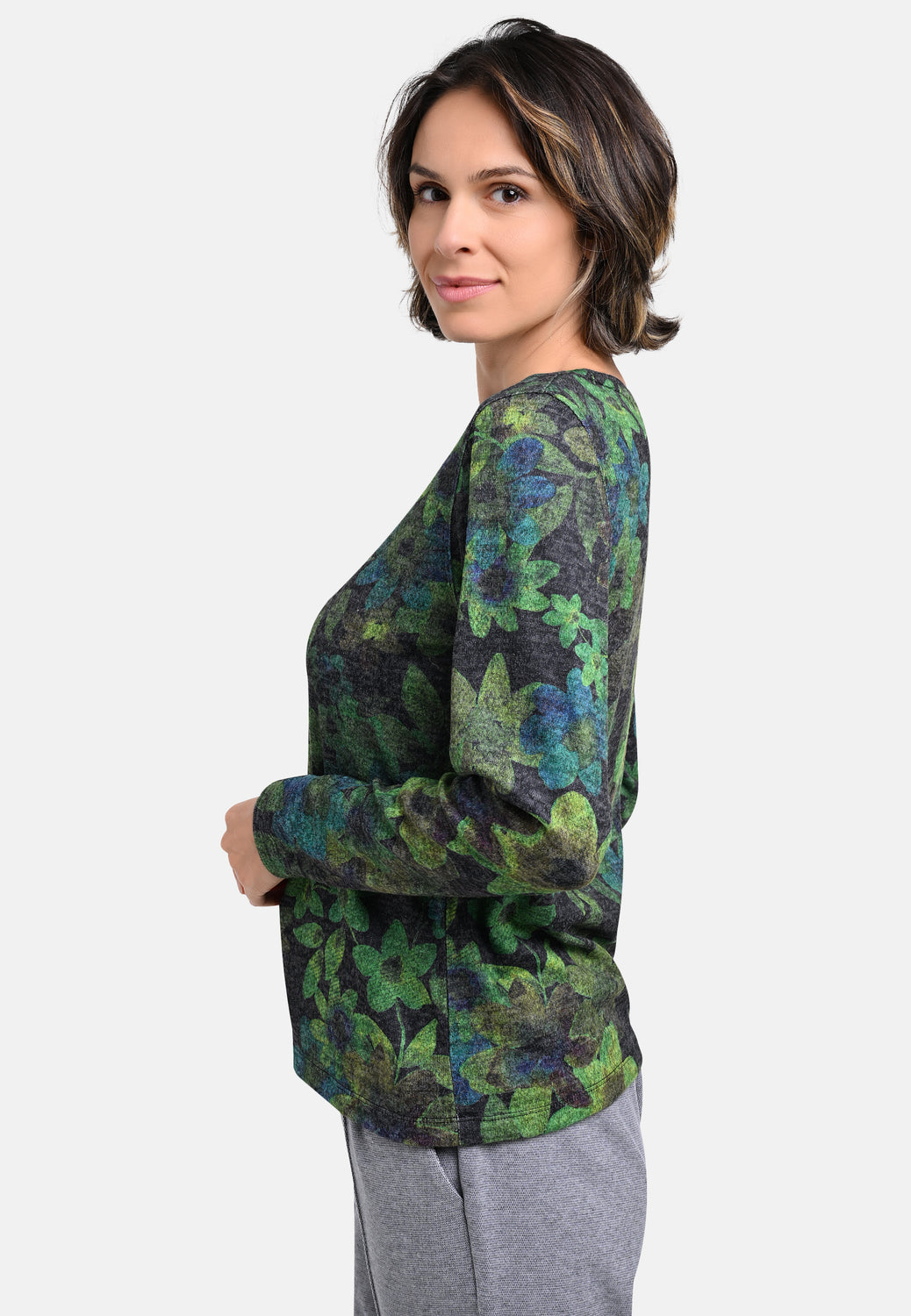25714 Chemise en maille fine à imprimé fleuri vert/anthracite