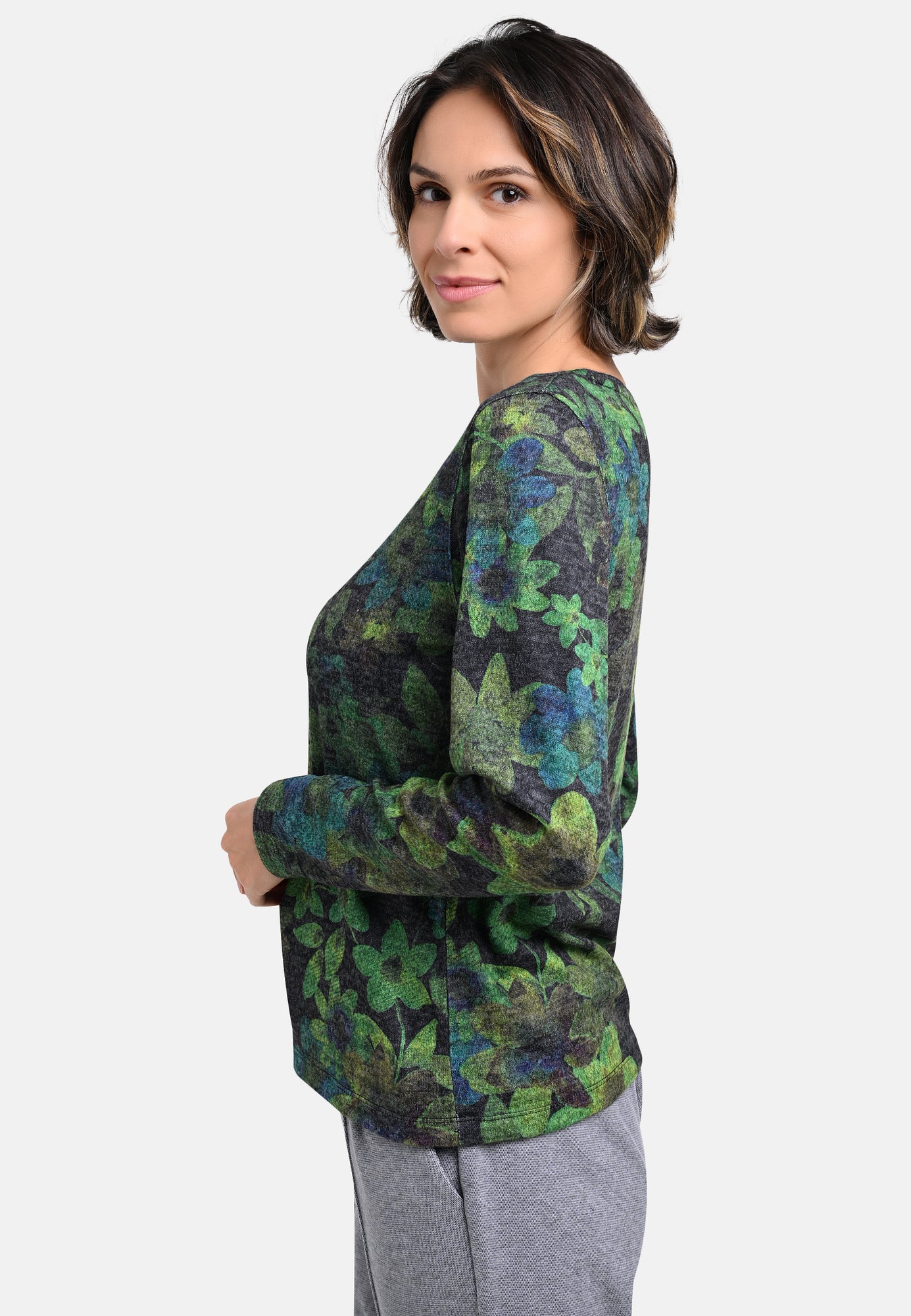 25714 Chemise en maille fine à imprimé fleuri vert/anthracite