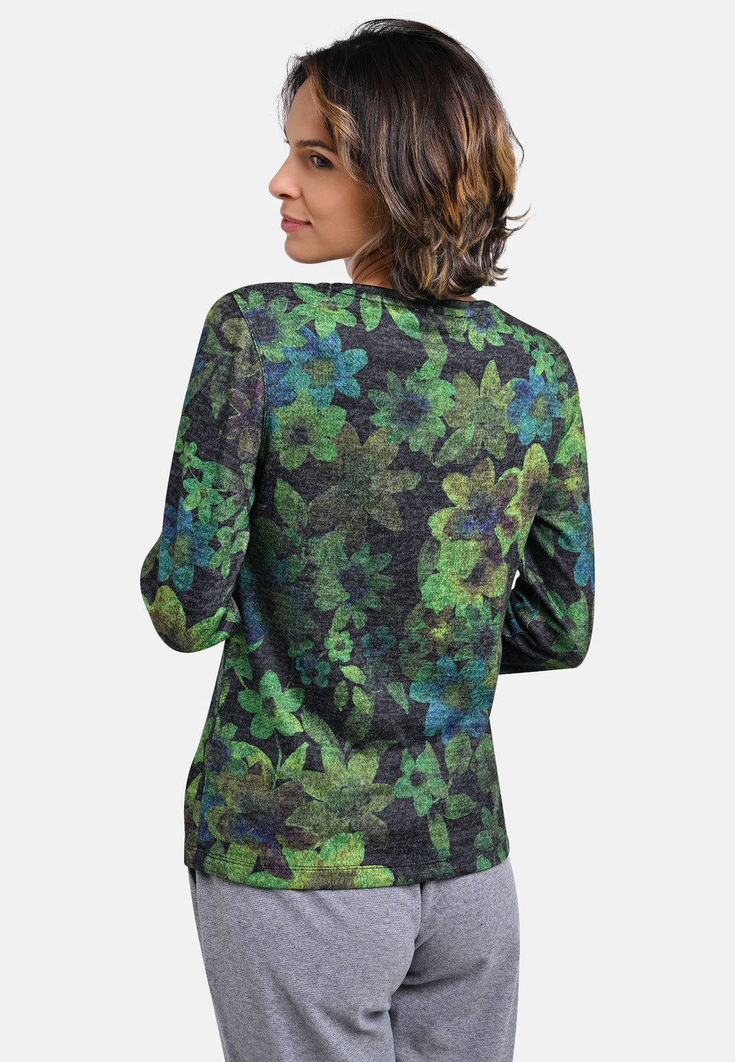25714 Chemise en maille fine à imprimé fleuri vert/anthracite