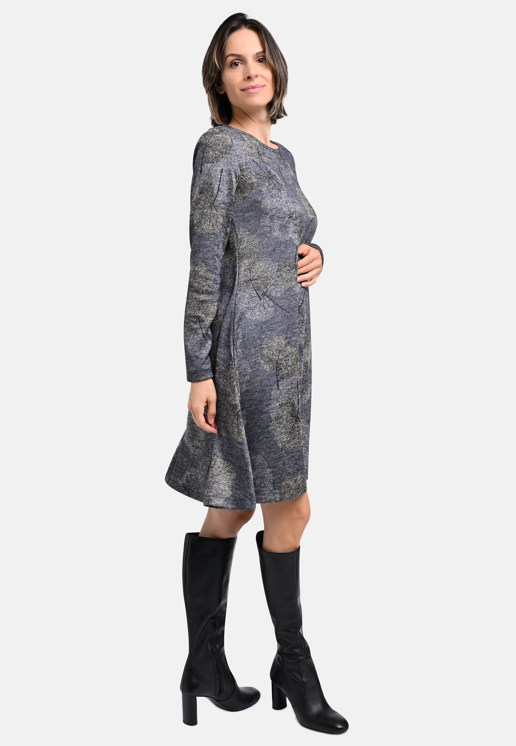 25727 Robe à imprimé ginkgo en gris/bleu
