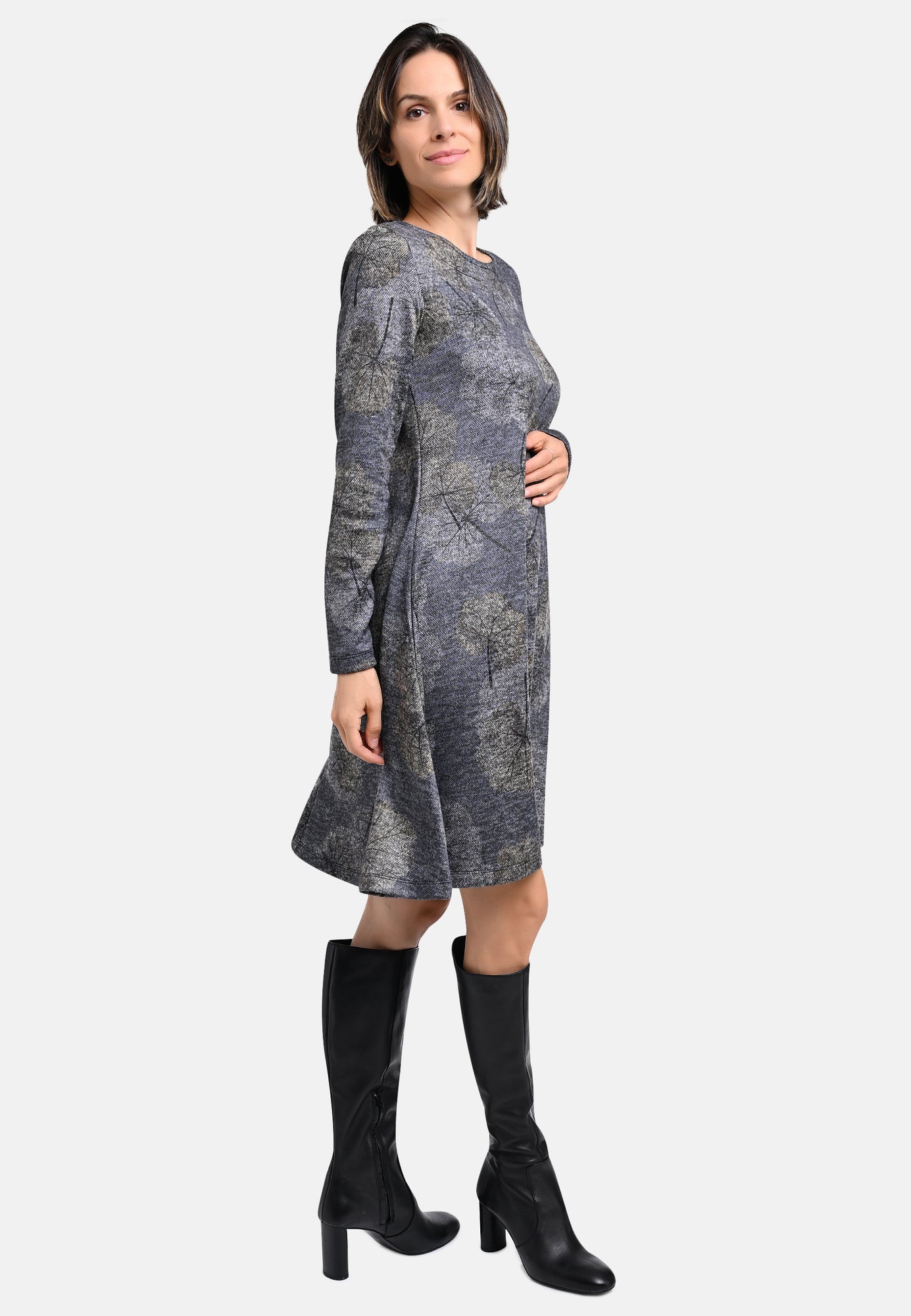 25727 Robe à imprimé ginkgo en gris/bleu