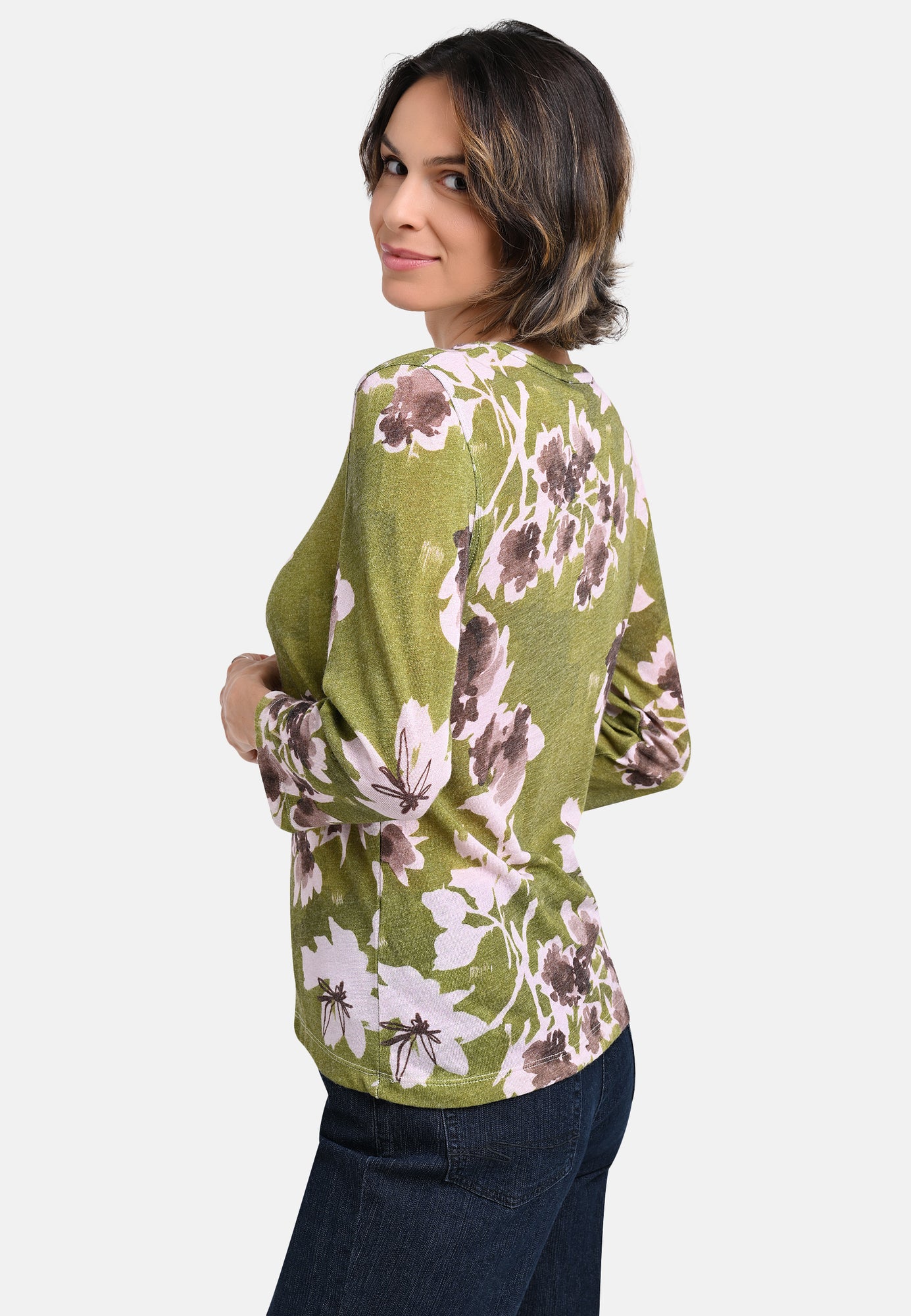 25731 Fijngebreid overhemd met bloemenprint in groen/roze