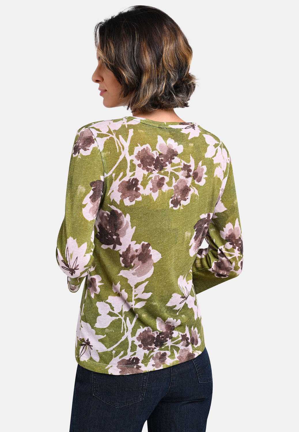 25731 Fijngebreid overhemd met bloemenprint in groen/roze