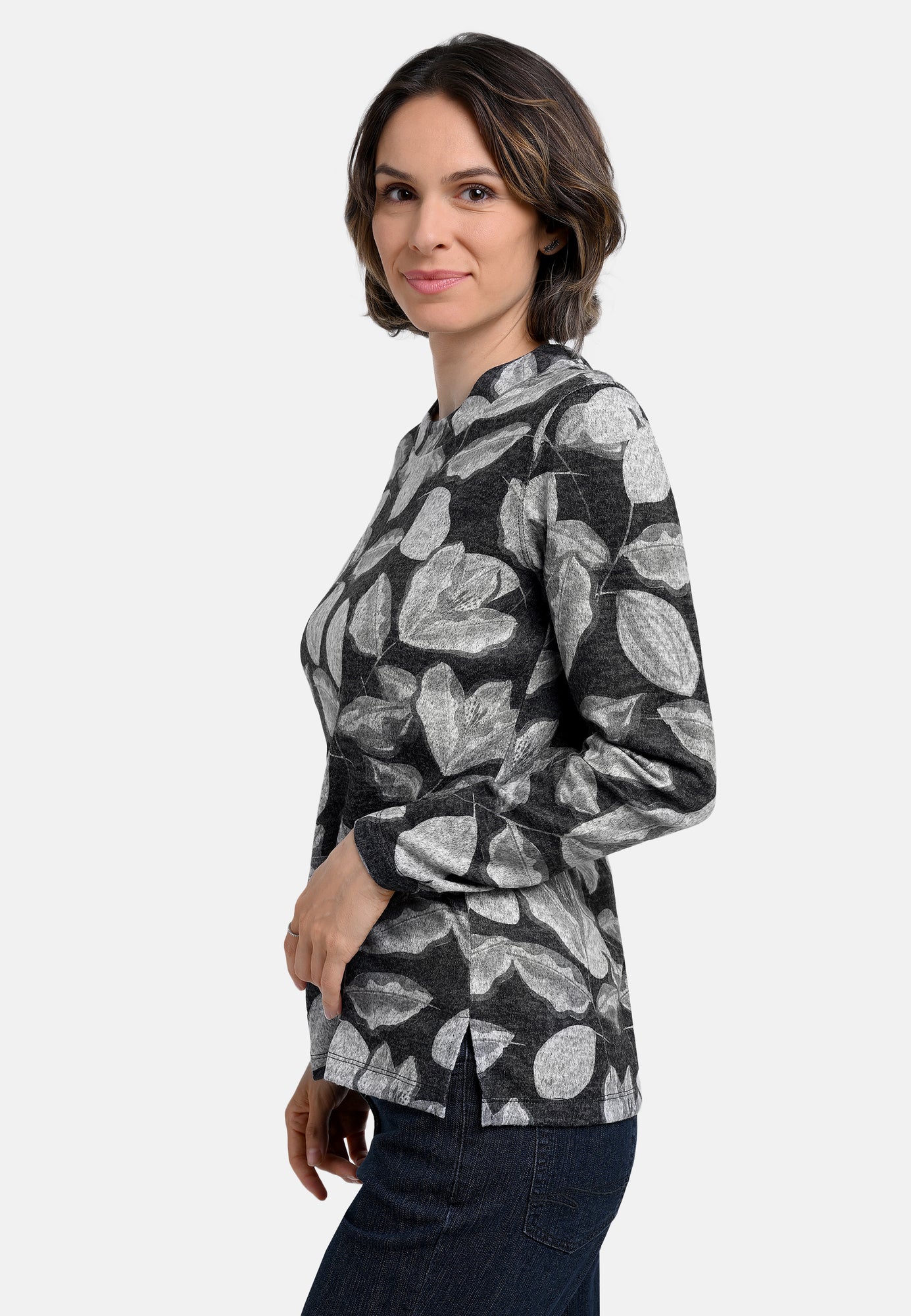 25812 Shirt mit floralem Print in Anthrazit/Hellgrau