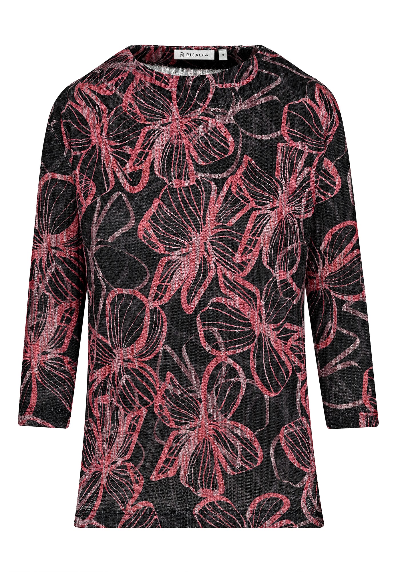 25814 Feinstrick-Shirt mit Blüten-Print in Schwarz/Braun