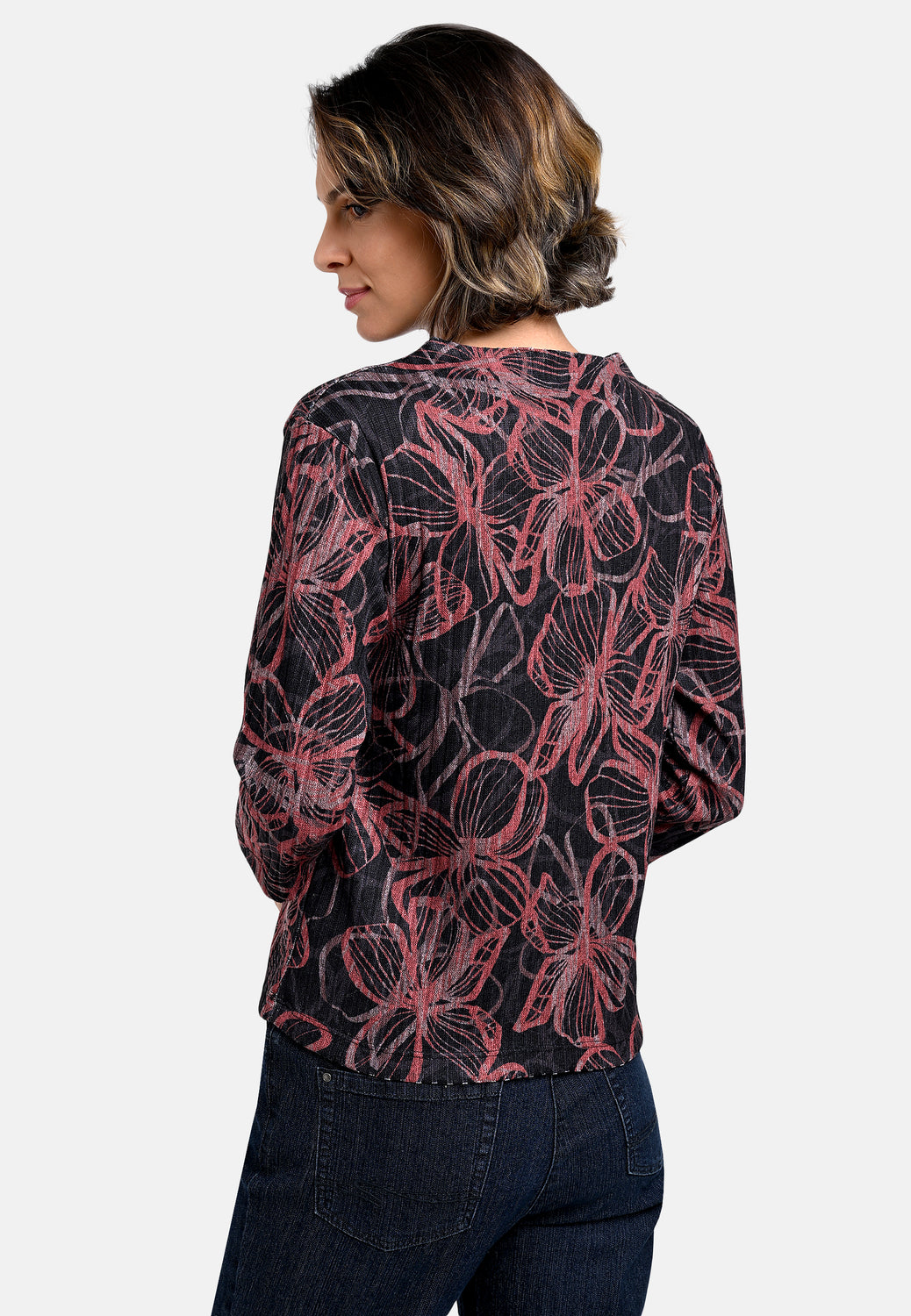 25814 Feinstrick-Shirt mit Blüten-Print in Schwarz/Braun