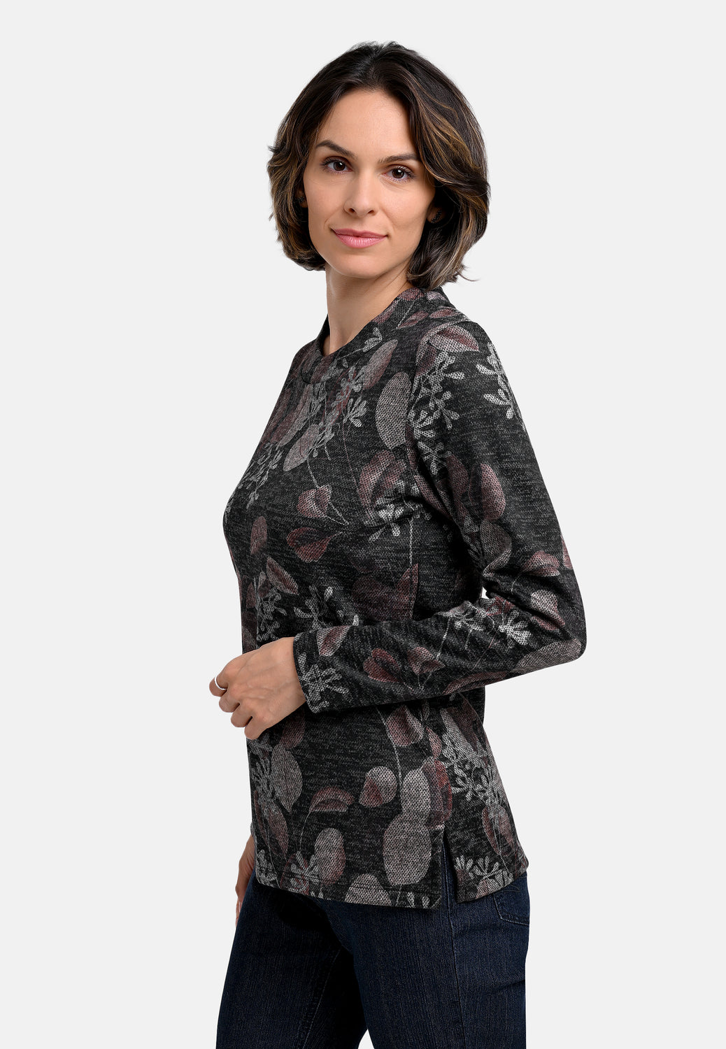 25818 Shirt mit Blätter-Print in Anthrazit/Braun