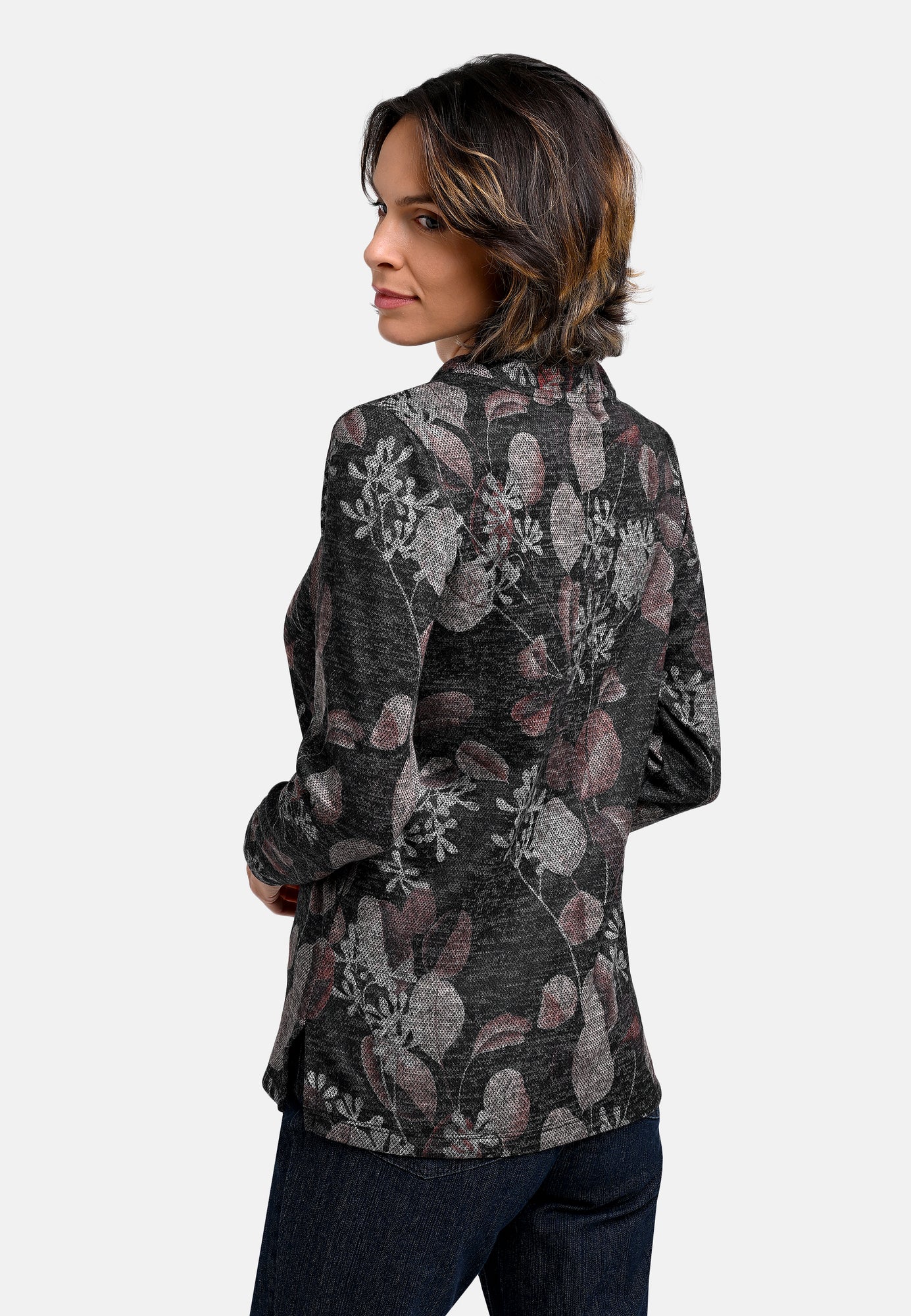 25818 Shirt mit Blätter-Print in Anthrazit/Braun