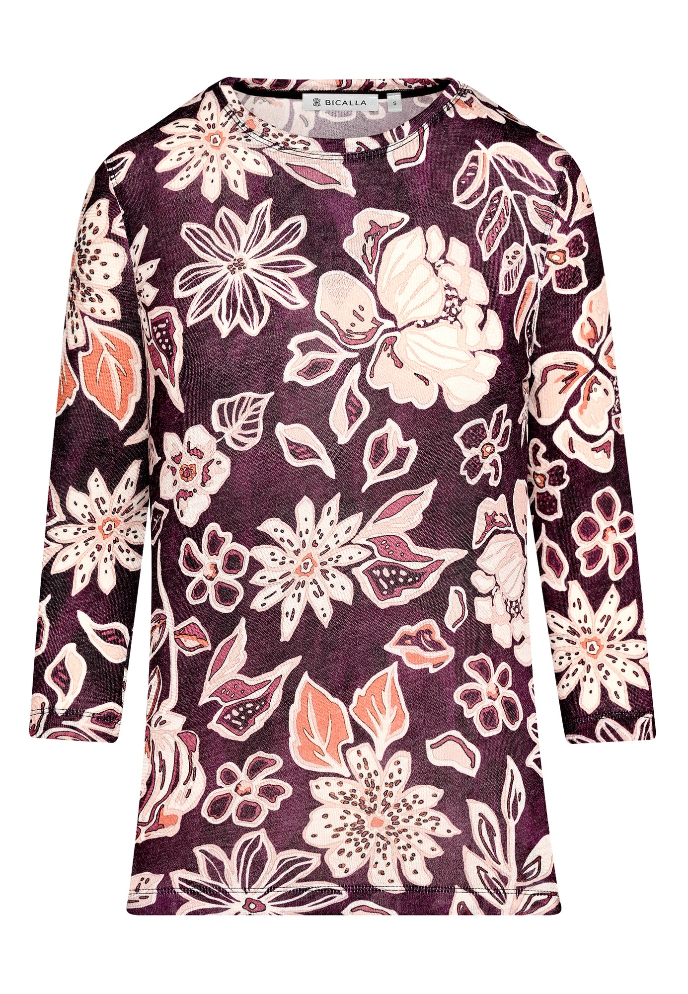 25819 Feinstrick-Shirt mit Blüten-Print in Bordeaux/Sand