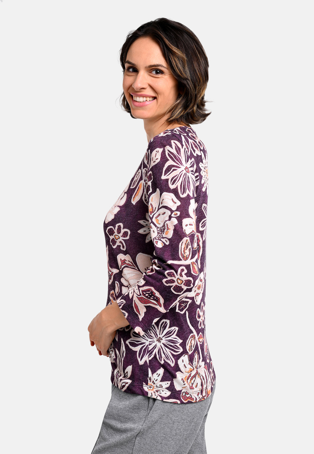 25819 Feinstrick-Shirt mit Blüten-Print in Bordeaux/Sand