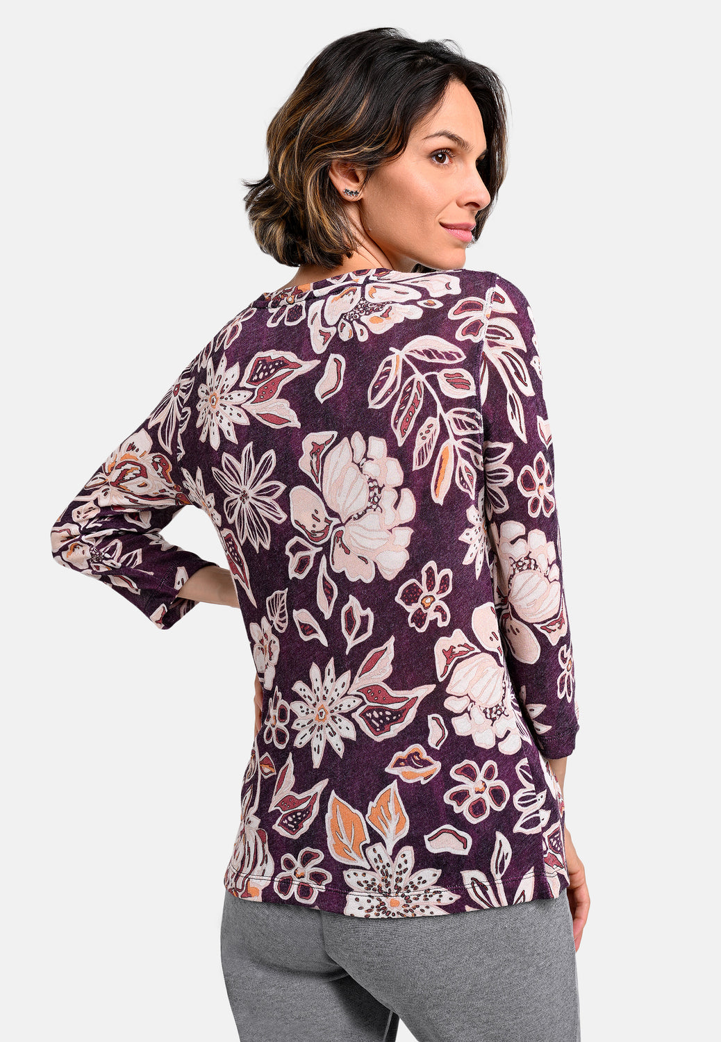 25819 Feinstrick-Shirt mit Blüten-Print in Bordeaux/Sand