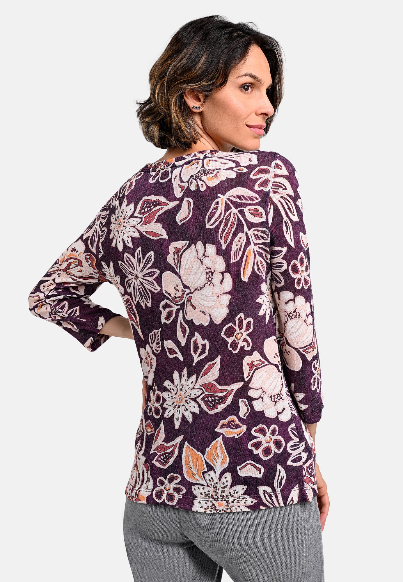 25819 Feinstrick-Shirt mit Blüten-Print in Bordeaux/Sand