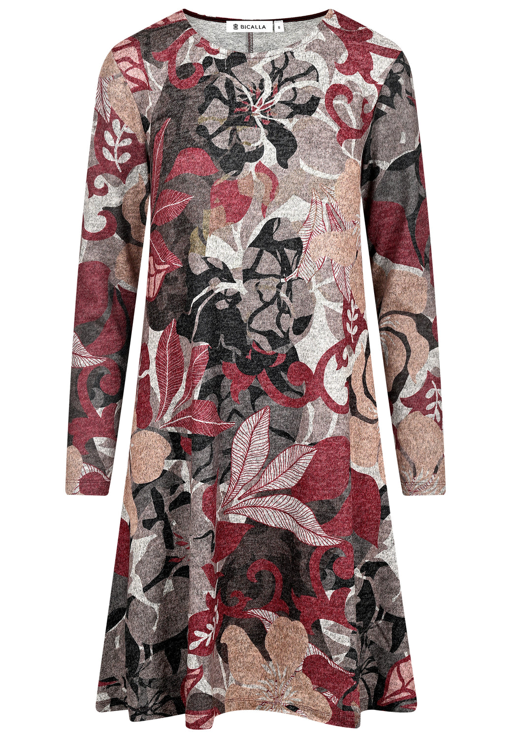 25823 Kleid mit floralem Print in Bordeaux/Braun