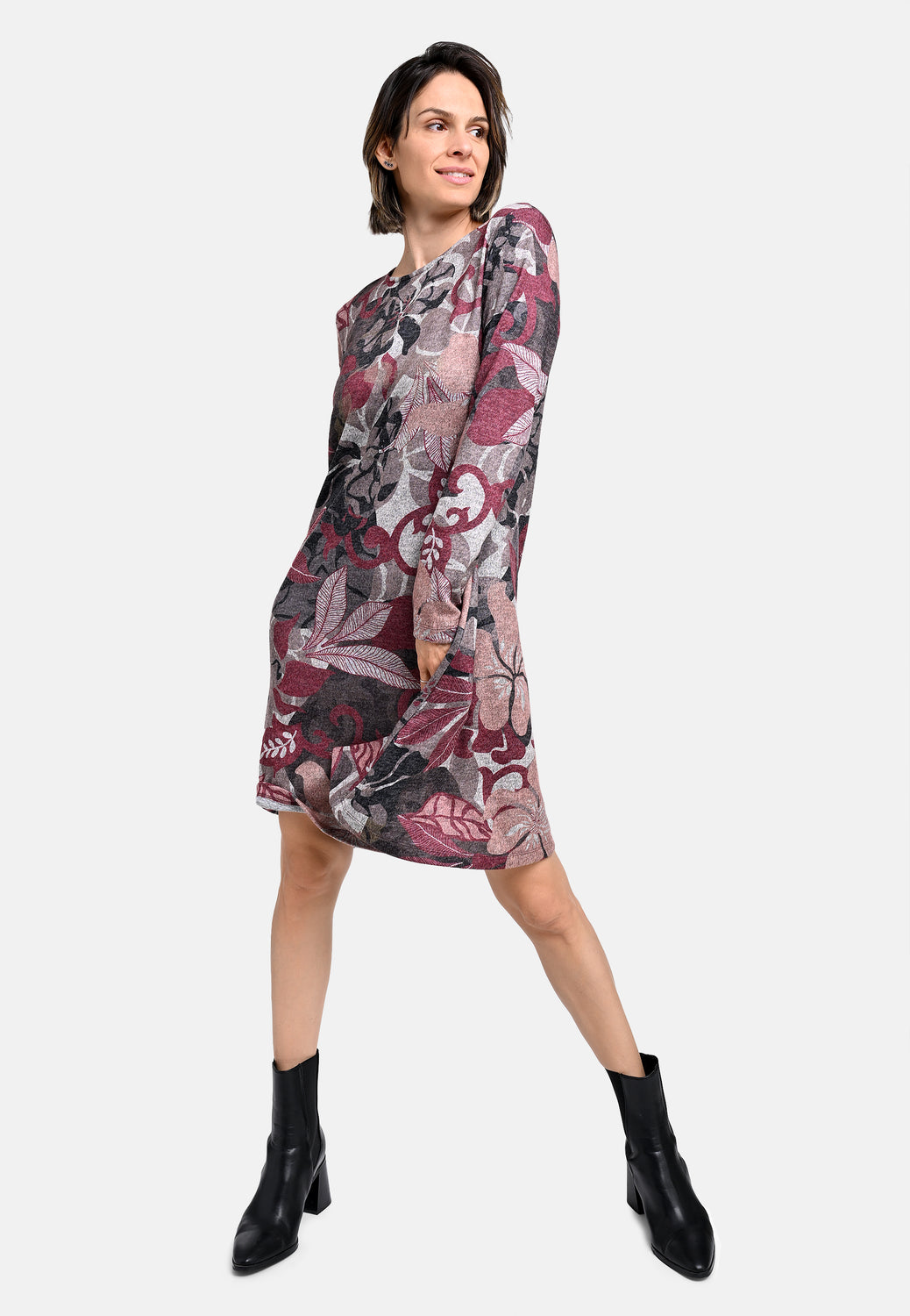 25823 Kleid mit floralem Print in Bordeaux/Braun