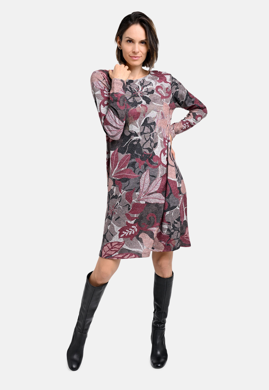 25823 Kleid mit floralem Print in Bordeaux/Braun