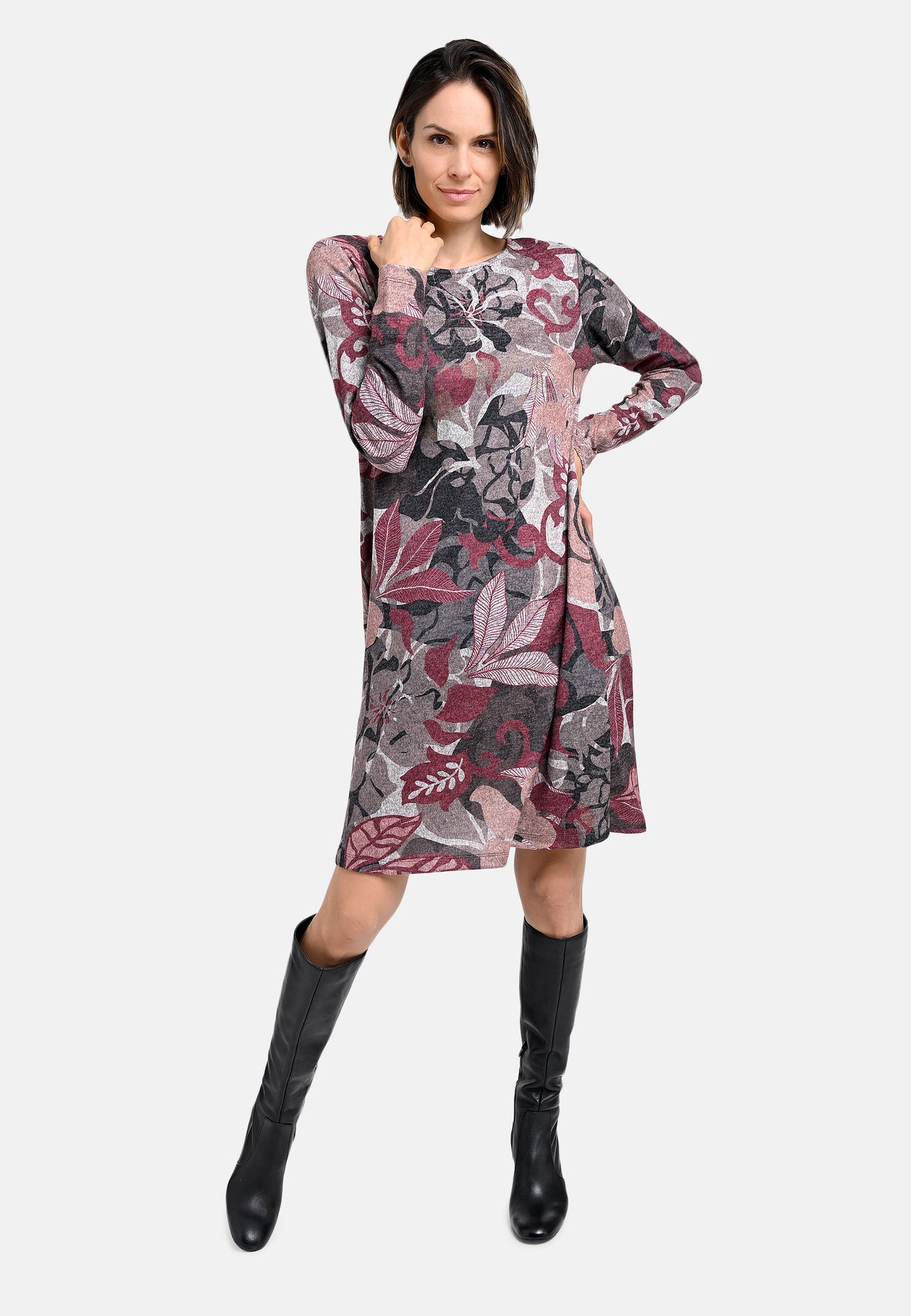 25823 Kleid mit floralem Print in Bordeaux/Braun