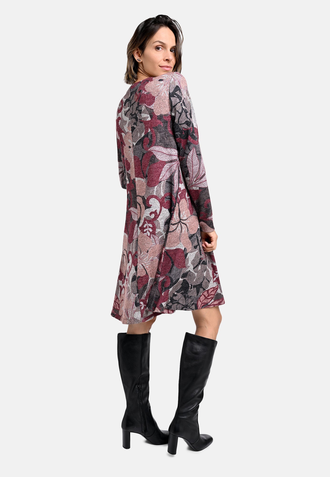 25823 Kleid mit floralem Print in Bordeaux/Braun