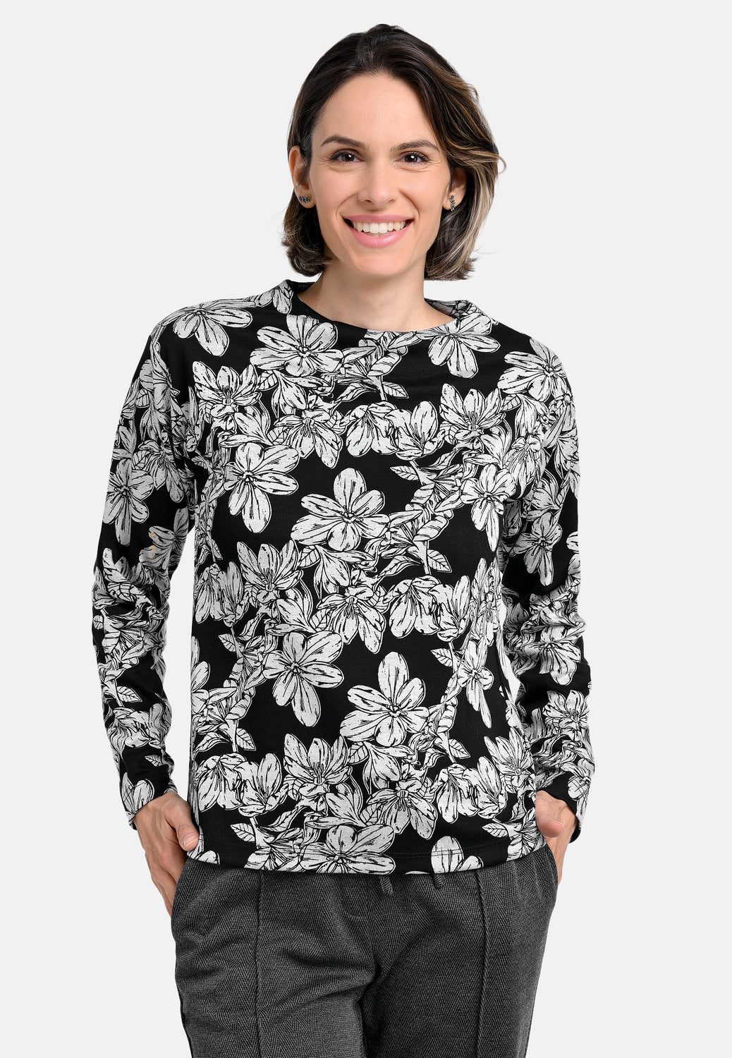 25824 Shirt mit Blüten-Print in Hellgrau/Schwarz