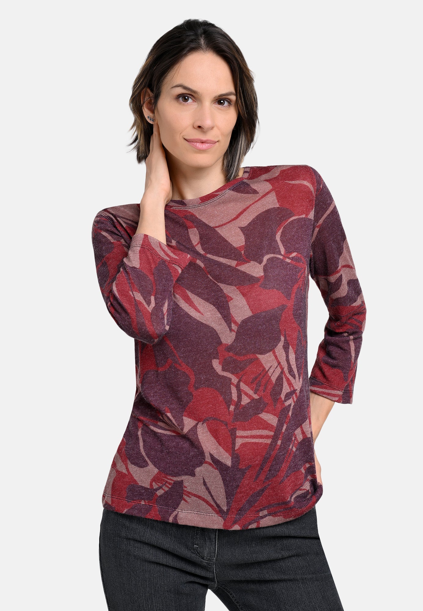 25825 Feinstrick-Shirt mit floralem Print in Bordeaux