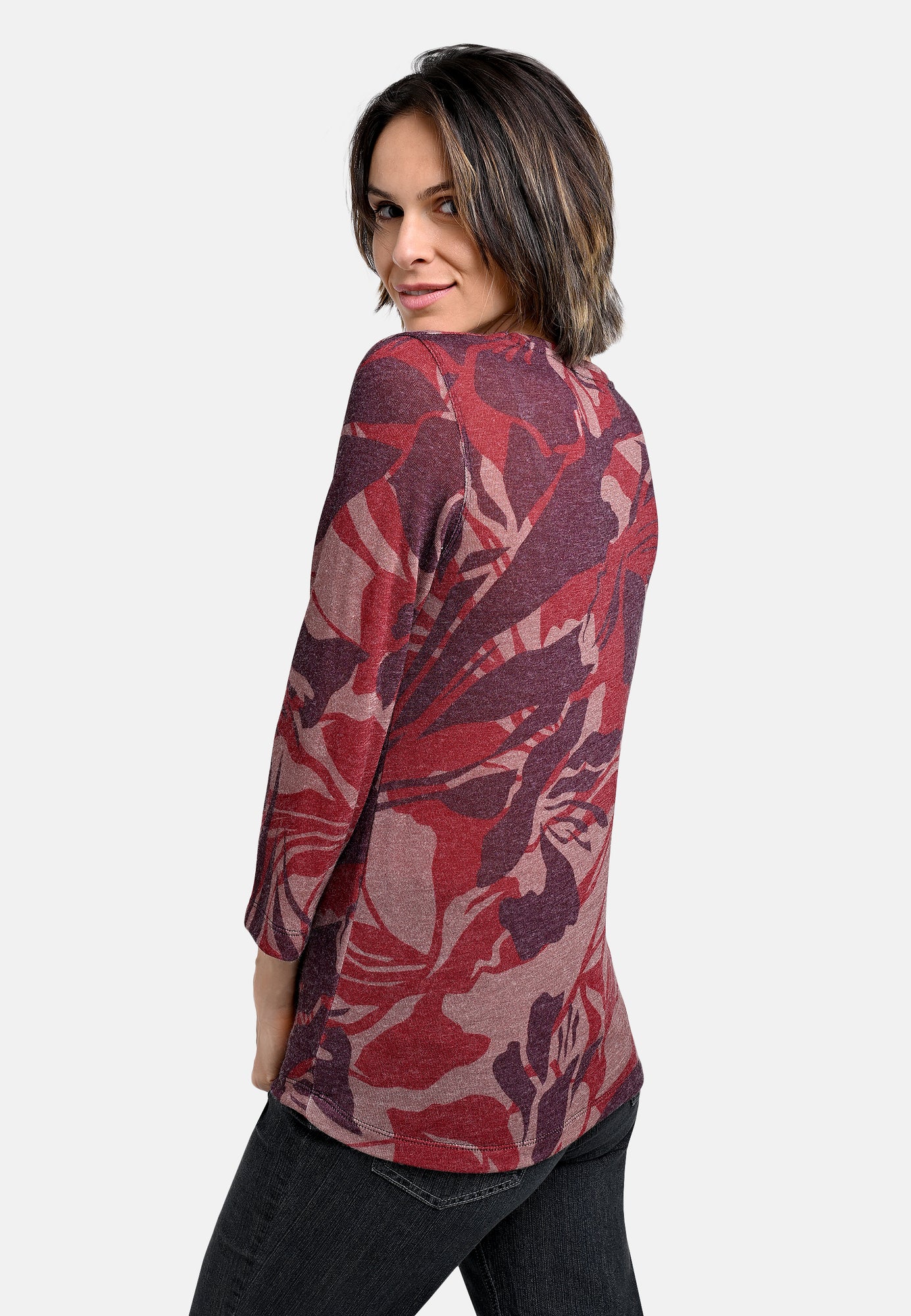 25825 Feinstrick-Shirt mit floralem Print in Bordeaux