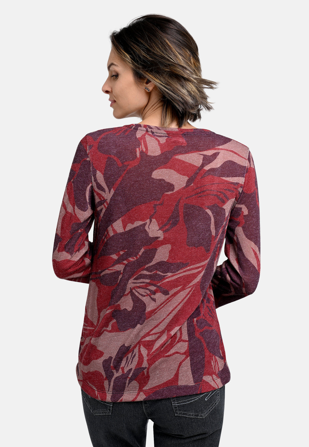 25825 Feinstrick-Shirt mit floralem Print in Bordeaux